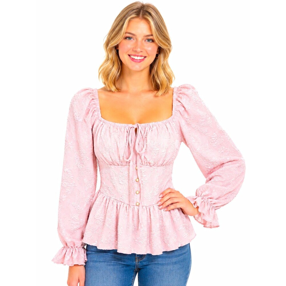 Womens Top XL 12 Pink Jacquard Square Neck Puff Slv Tie Button milkmaid boho